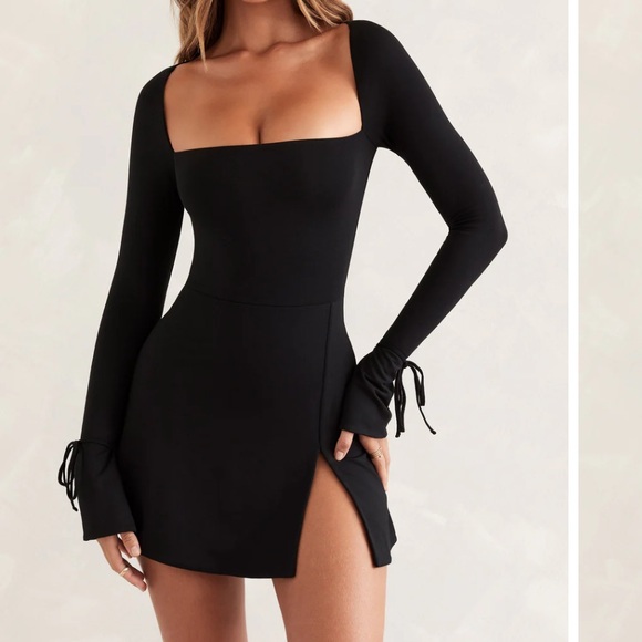 Oh Polly, Baize Square Neck Long Sleeve Mini Dress in Black - Picture 2 of 4